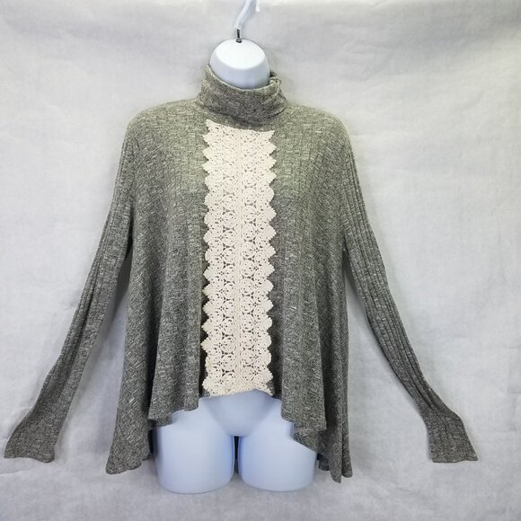 Altar'd State Lace Front Top Womens S Grey Turtleneck Sweater A-line Long Sleeve - Picture 1 of 14